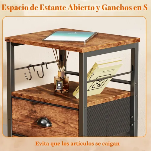 Miniatura 5 de Furologee Juego de 2 Mesitas de Noche, Mesita de Noche con 2 Cajones de Tela, Mesa de Cabecera con Estante Abierto, Superficie de Madera, Ganchos