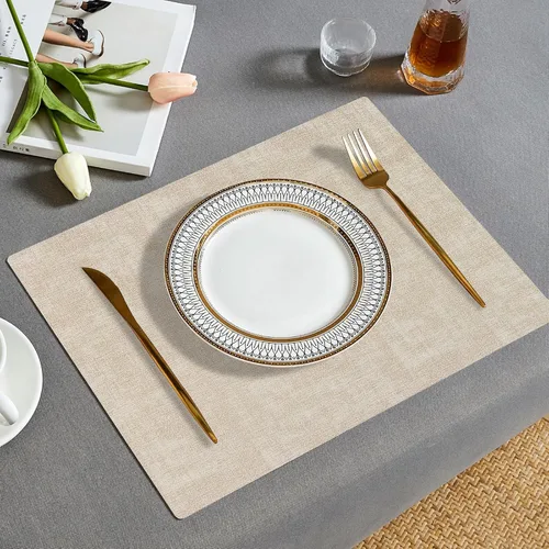 Miniatura 2 de Juego de 6 manteles individuales de piel sintética (beige) Heat Resistant Wipeable Washable Place Mats, Waterproof Anti-Slip Dining Table Mats