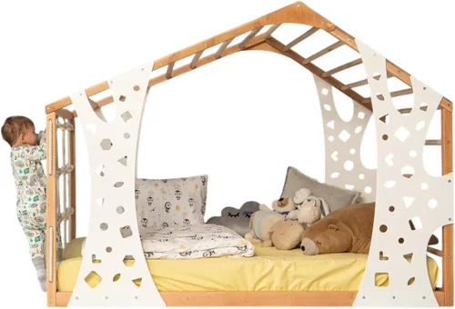 Cama Montessori 2 en 1 tamaño individual con gimnasio interior para niños para actividades en el hogar, cama de piso fabricada en Europa tamaño