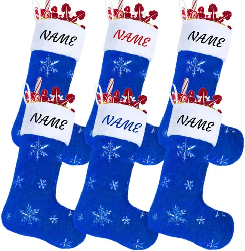 Miniatura 10 de Calcetines negros de piel sintética de Navidad, 1 paquete grande de 22 pulgadas, medias colgantes de felpa negra con nombre personalizado con copos
