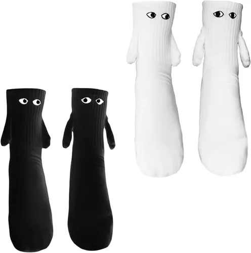 2 pares de calcetines para tomarse de la mano, calcetines magnéticos para parejas, calcetines de mano divertidos de tubo medio, novedosos calcetines