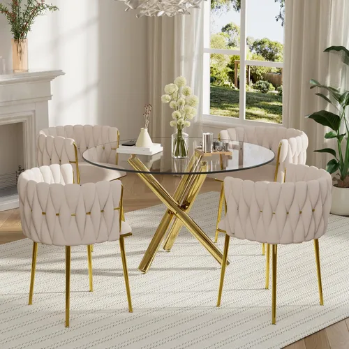 Miniatura 9 de Juego de mesa redonda dorada para 4, juego de mesa de comedor de 39'' con tapa de vidrio transparente, juego de mesa de cocina circular moderna de 5