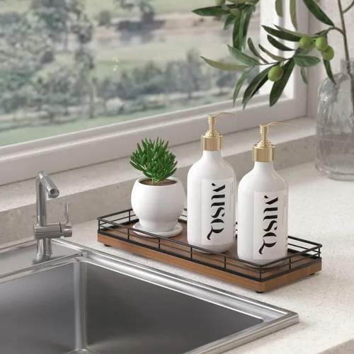Miniatura 3 de Bandeja Decorativa de Madera, Roble 11.2" L Bandeja de Mesa de Café para Encimera de Cocina Portador de Jabón y Esponja Portavelas Mesa de Mesita
