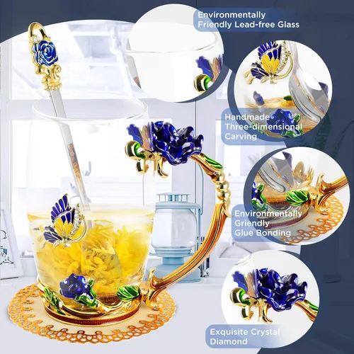 Miniatura 2 de WD&CD Tazas de café y té de vidrio con mariposas y rosas, con cuchara y posavasos, regalos para su novia, esposa, madre, mujeres en el día de San