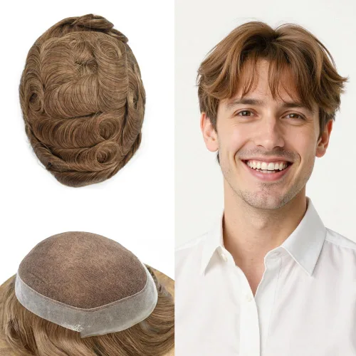 Miniatura 18 de Toupee para hombres Sistema de reemplazo de cabello humano real pieza de cabello humano para hombres encaje suizo para hombre Toupee Hair Pieces