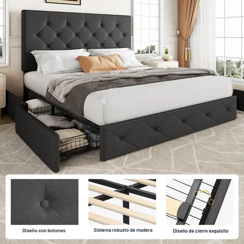 Miniatura 6 de Allewie - Base de cama con plataforma de tamaño Queen, tapizada, con 4 cajones de almacenamiento y cabecera, botones cosidos en forma de diamante