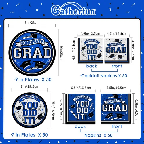 Miniatura 2 de Juego de vajilla de suministros para fiesta de graduación, platos de papel desechables azules, platos de papel de postre y servilletas