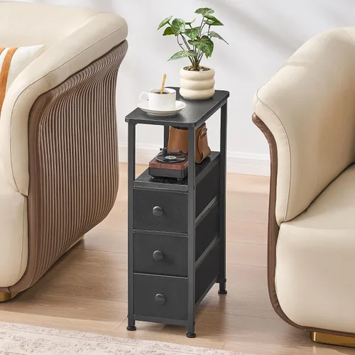 Miniatura 6 de DALEMHOME Mesa Auxiliar, Mesa Lateral Estrecha con 3 Cajones de Tela, Mesita de Noche Estrecha, Mesa de Cama Pequeña con Almacenamiento, para Sala