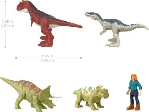 Miniatura 2 de Mattel Jurassic World Dominion Carnotaurus Clash Pack, 5 mini juguetes que incluyen 1 figura humana y 4 dinosaurios en paquete temático de camión