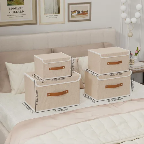 Miniatura 8 de Yawinhe SNK024BEN-1 Cajas de almacenamiento plegables, cestas apilables de tela de lino, contenedor con tapa y asa de cuero, lavable, para el hogar