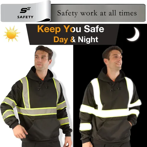Miniatura 6 de SEsafety Sudadera con capucha con cremallera de alta visibilidad, sudadera de seguridad reflectante clase 3 con parte inferior negra, chaqueta