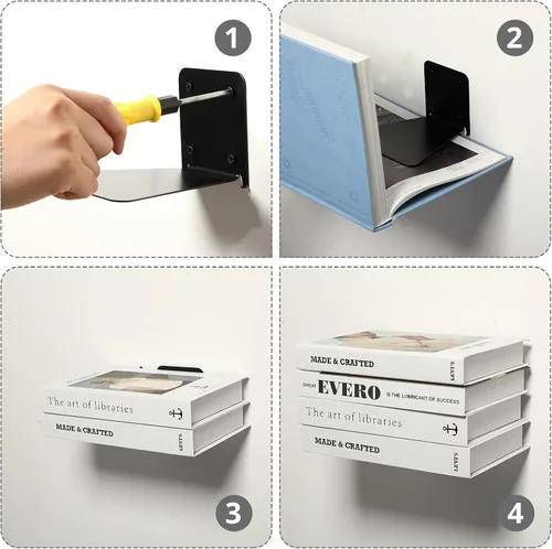 Miniatura 4 de Jetec Paquete de 6 estanterías flotantes invisibles montadas en la pared, estantes flotantes resistentes para libros, estantes de metal ocultos