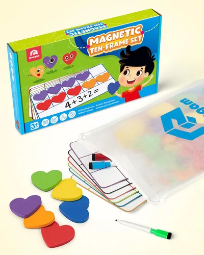Miniatura 7 de Coogam Juego de diez marcos magnéticos, juegos de manipulación matemática para niños con 6 diez marcos 60 contadores magnéticos de matemáticas