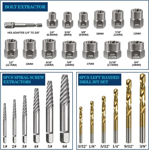 Miniatura 2 de DOAHO Juego de 26 piezas de extractor de pernos de impacto y tornillos en espiral con brocas de mano inversa para kit de fácil extracción