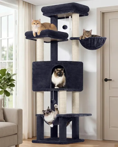 Globlazer Torre de árbol alto para gatos adultos grandes, torre rascador grande de varios niveles de 65 pulgadas con hamaca, 6 postes rascadores,
