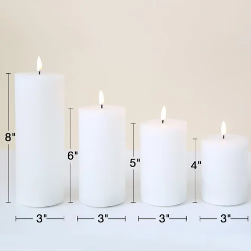 Miniatura 2 de Velas de pilar sin llama acanaladas blancas con control remoto, juego de 4 velas LED parpadeantes con parte superior plana, 3 pulgadas de alto, 4