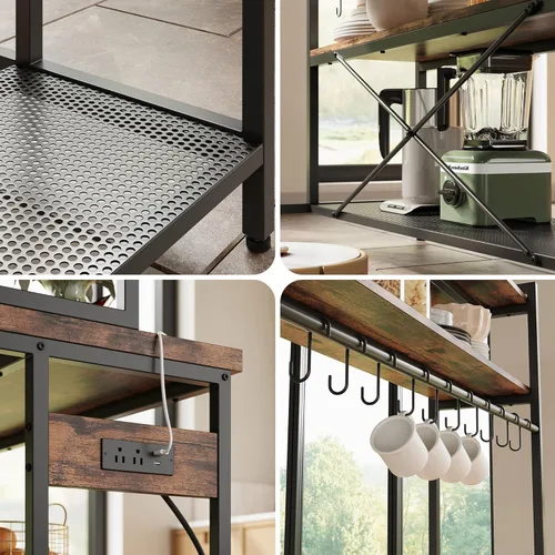 Miniatura 7 de IRONCK Isla de cocina con taburetes, estante para panadería con almacenamiento y toma de corriente, mesa de café industrial para cocina, comedor