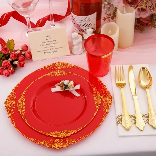 Miniatura 7 de Morejoy 175 platos de plástico rojo, platos desechables rojos con borde dorado, juego de vajilla de plástico rojo y dorado incluye: 50 platos, 25