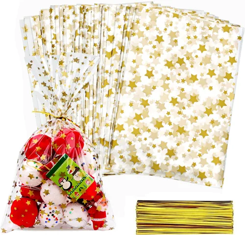 100 bolsas de celofán, bolsas de celofán transparente de 4 x 6 pulgadas, 100 lazos dorados, para galletas, chocolate, panadería, recuerdos de