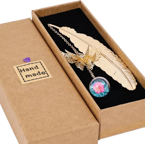 Toirxarn Marcapáginas de Pluma Dorada para Mujeres con Colgante de Mariposa y Caja de Regalo – Ideal para Amantes de los Libros, Bibliotecarios,