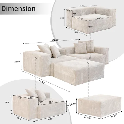 Miniatura 7 de WJShome Cloud Couch Sofá Seccional Modular, Sofá en Forma de L de 102 pulgadas con Otomana, Sofá de Pana Beige de 3 Asientos, Sofá Seccional