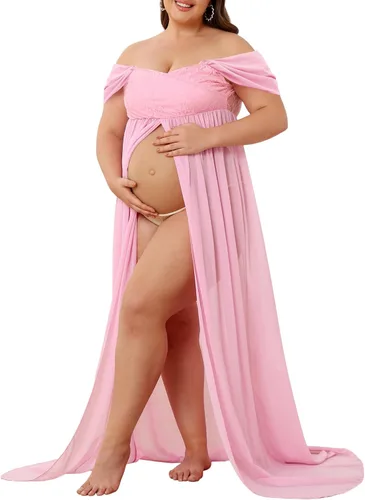 Miniatura 4 de Vestido de maternidad para sesión de fotos con hombros descubiertos, vestido de gasa con abertura frontal, maxi vestidos de embarazo para fotografía