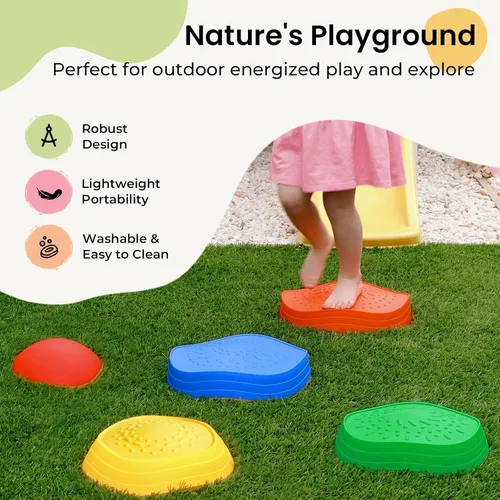 Miniatura 4 de Tiny Land Piedras para pisar para niños, 5 piezas Piedras antideslizantes para niños pequeños, Piedras sensoriales para promover el equilibrio