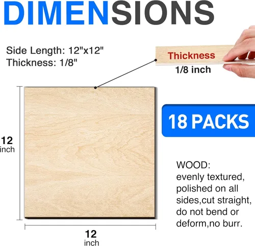 Miniatura 2 de Paquete de 18 hojas de tilo de 12 x 12 x 1/8 pulgadas para manualidades, tablero de madera de tilo sin terminar, perfecto para adornos y modelos