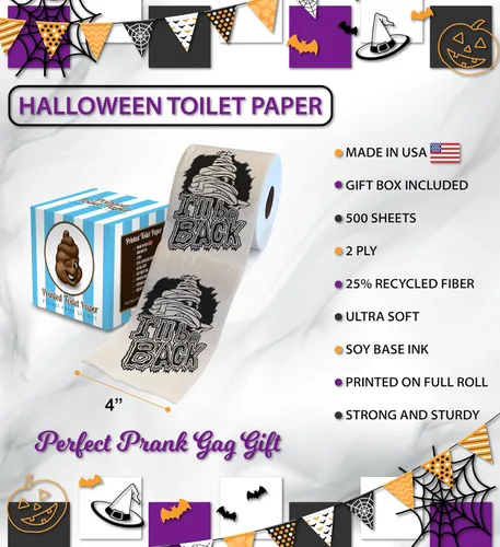Miniatura 3 de Printed TP Halloween I'll Be Back - Papel higiénico impreso para regalo de broma, rollo de papel higiénico aterrador para sorpresa, broma, divertido