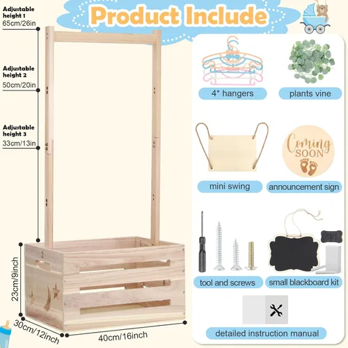 Miniatura 2 de Armario de madera para baby shower con asa ajustable y guirnalda, cesta grande personalizada para baby shower, caja de almacenamiento, regalos