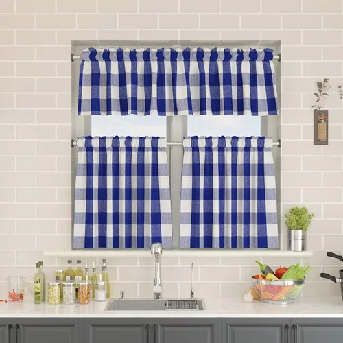Miniatura 91 de Cenefas de cortina para ventana de 16 pulgadas de largo, 2 paneles de cuadros búfalo, cortinas pequeñas con bolsillo para barra, estilo clásico