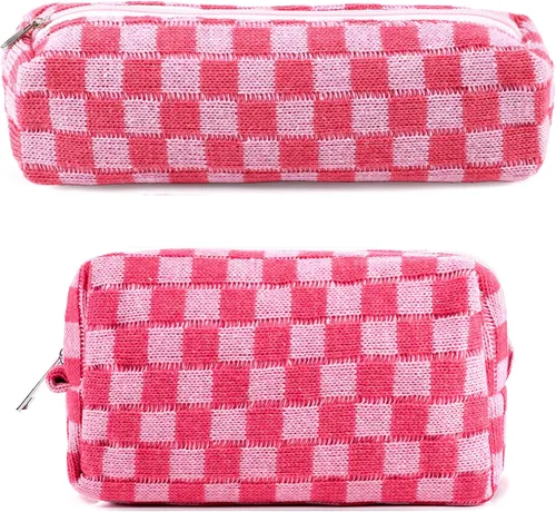 2 bolsas de cosméticos a cuadros para lápices, pequeña bolsa de maquillaje para bolso, bolsa de maquillaje rosa, bolsa de maquillaje para brochas de