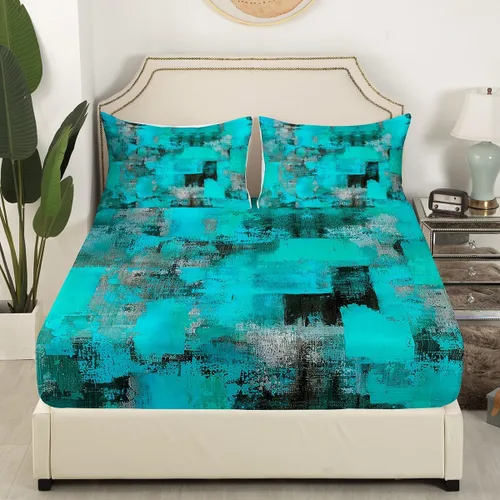 Miniatura 26 de Erosebridal Juego de sábanas de color negro con diseño de grunge azul, juego de sábanas abstractas de acuarela degradada, tamaño individual, teñido