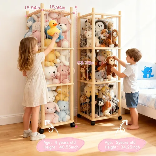 Miniatura 3 de Almacenamiento de Zoológico de Animales de Peluche - Organizador de Juguetes de Madera Maciza Resistente con Ruedas Bloqueables, Fácil