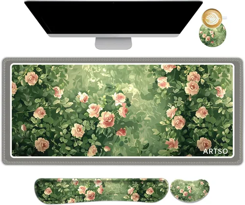 Miniatura 35 de ARTSO Juego de Alfombrilla de Mouse Extendida para Juegos, Reposamuñecas para Teclado + Reposamuñecas + Alfombrilla de Mouse XXL Grande + Posavasos