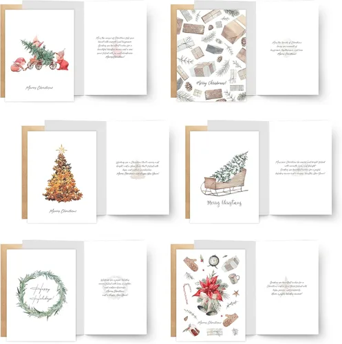 Miniatura 6 de easykart labels Surtido de 24 tarjetas de Navidad con sobres y calcomanías de sellado, 6 diseños de temática bohemia navideña, 5.75 x 4.25 pulgadas