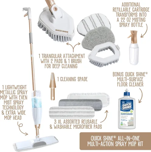 Miniatura 2 de Quick Shine Ultimate Gold Spray Mop Kit Kit todo en uno de 11 piezas con accesorios intercambiables Limpiador de piso incluido No necesita