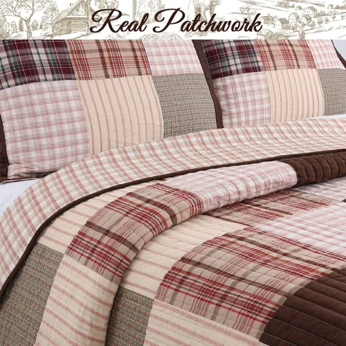 Miniatura 3 de Cozy Line Home Fashions Colcha Reversible de Retazos Reales Hechos a Mano Brody Farmhouse Chocolate a Cuadros y Rayas, Juego de Ropa de Cama