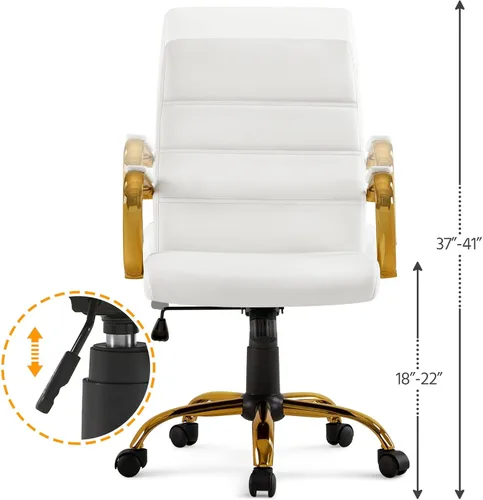 Miniatura 7 de Topeakmart Silla de escritorio de oficina Silla ejecutiva de cuero sintético ajustable con marco dorado asiento blanco Blanco y dorado