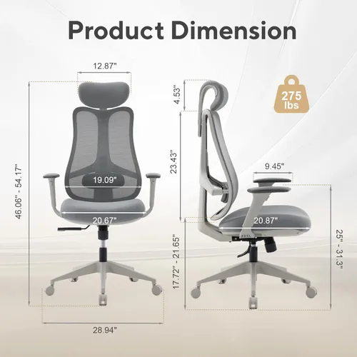Miniatura 3 de Nouhaus Fluido - Silla de oficina ergonómica, silla de computadora de malla con respaldo alto y soporte lumbar ajustable en altura, respaldo y Gris