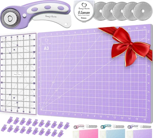 Miniatura 18 de Juego de cortador giratorio - Kit de acolchado incl. Cortador de tela de 45 mm, 5 cuchillas de repuesto - Ideal para manualidades, costura, parcheo