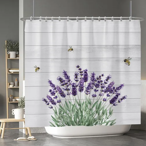 Miniatura 24 de Baocicoo - Cortina de ducha de abeja de miel, diseño de abeja de caricaturas, pista voladora, rústica, floral, para baño, decoración de bañera