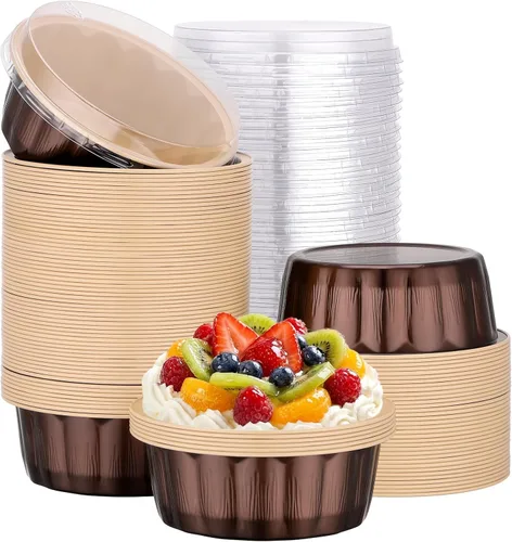 Miniatura 31 de Beasea Ramequines con tapas, 8oz 50 unidades de tazas de aluminio desechables para hornear, tazas de papel de aluminio plateado para creme brulee
