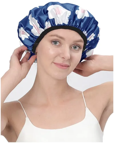 Miniatura 9 de YIZIJIZI Gorro de ducha con forro de rizo, gorro grande de tres capas para mujer, gorro de ducha reutilizable e impermeable, para cabello largo