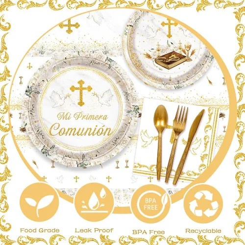 Miniatura 3 de AIBIIN 194 Piezas Decoraciones Mi Primera Comunión, Suministros para Fiesta de Primera Comunión Blanco y Dorado, Pancarta Temática de Bautismo