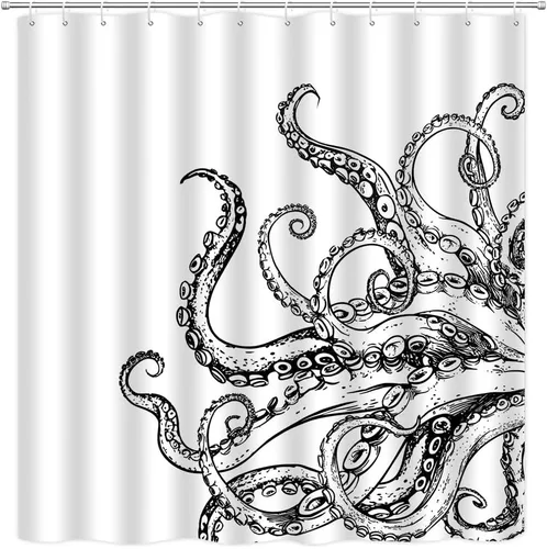 Miniatura 9 de Cortina de ducha de tentáculo de pulpo, diseño de kraken de océano blanco y negro, divertido animal náutico, vida marina, fresco, moderno, único