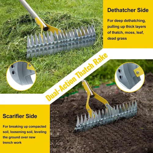 Miniatura 2 de Rastrillo de paja 2 en 1 de acero inoxidable para hojas de paja, 55 pulgadas, resistente 19 púas, desrastrador manual de césped con cabeza