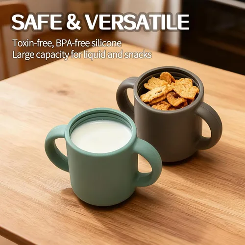 Miniatura 4 de Paquete de 2 tazas para beber 100% silicona para bebé, taza pequeña de entrenamiento de silicona con asas y popote para bebés y niños pequeños verde