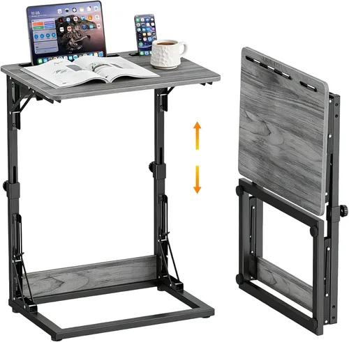 Miniatura 14 de Mesa plegable para TV, mesa de cena de TV, bandejas de TV de altura ajustable para comer en el sofá, mesa auxiliar en forma de C con ranuras