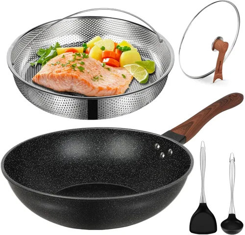 AOSION Wok antiadherente de 13 pulgadas, wok y sartenes para freir, wok antiadherente con tapa y cesta de vapor, cucharón de espátula, 100% libre de